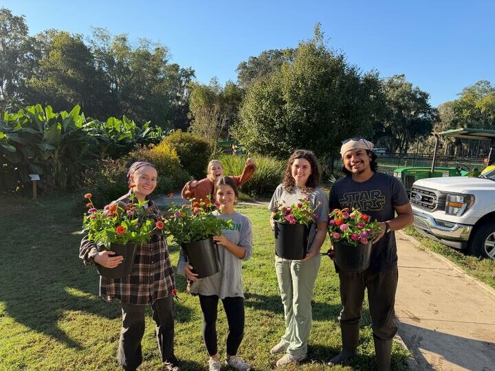 Four interns holding buckets of produce, one intern dancing behind them